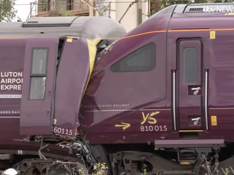 A view of the damage caused when the 4.40pm East Midlands Railway service from Corby to London St Pancras collided with the rear of the 3.50pm service from Nottingham to London St Pancras near Elstow shortly after 5pm on Friday, 19 June. The end of one train is embedded into the back of the other. Image: ITV News