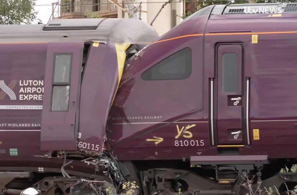 A view of the damage caused when the 4.40pm East Midlands Railway service from Corby to London St Pancras collided with the rear of the 3.50pm service from Nottingham to London St Pancras near Elstow shortly after 5pm on Friday, 19 June. The end of one train is embedded into the back of the other. Image: ITV News