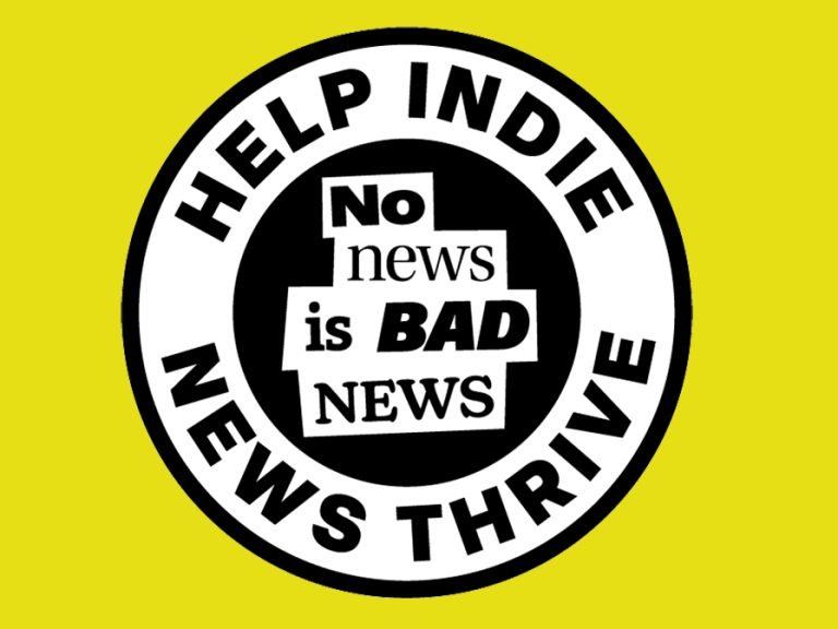 Help Indie News Thrive roundel on a neon yellow background to promote Indie News Week
