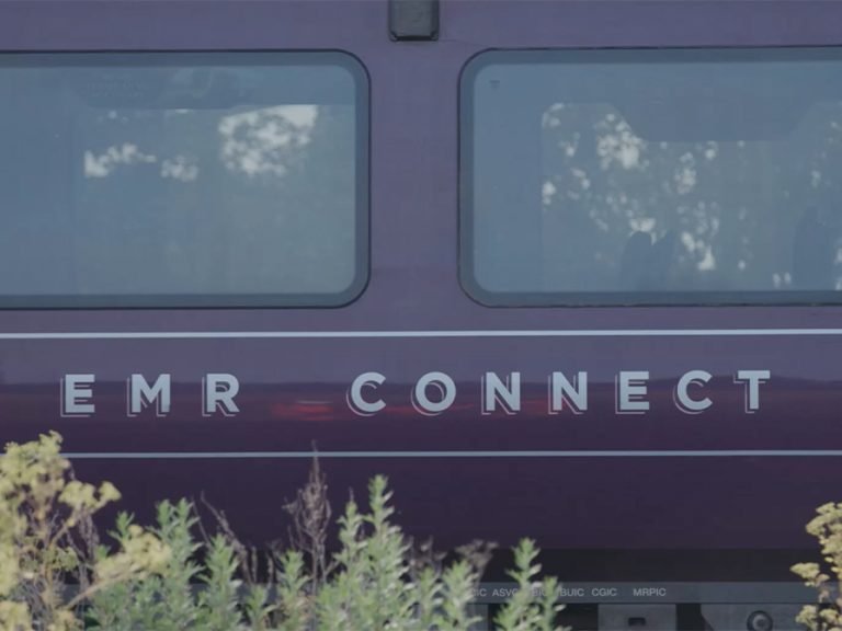 One of the carriages forming the EMR Connect, Luton Airport Express, service from Corby that was involved in a train collision on 19 June 2026. Image: EMR