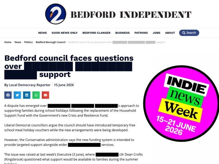 A screenshot showing a redacted article and the Indie News Week logo on the Bedford Independent's website for Redaction Day for Indie News Week 2026 Image Bedford Independent