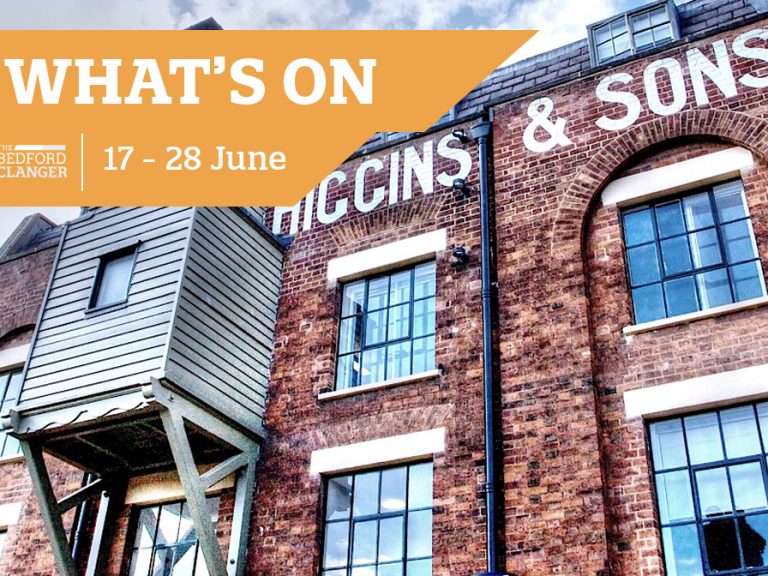 The cover image for the weekly What's On Guide. A close up image of the exterior of the Higgins Bedford is in the background. An orange banner has the Bedford Canger logo and reads: What's on: 17 - 28 June