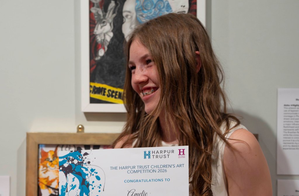 Winner Amelie at the exhibition of Harpur Trust art competition at the Higgins Bedford. Image Harpur Trust