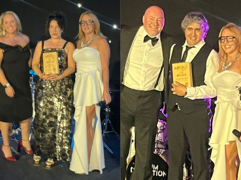 (l-r) Rose Sargent and Christian Núñez Fuentes both centre collecting their award from the award organisers and presenter. Image: Bedford College Group.