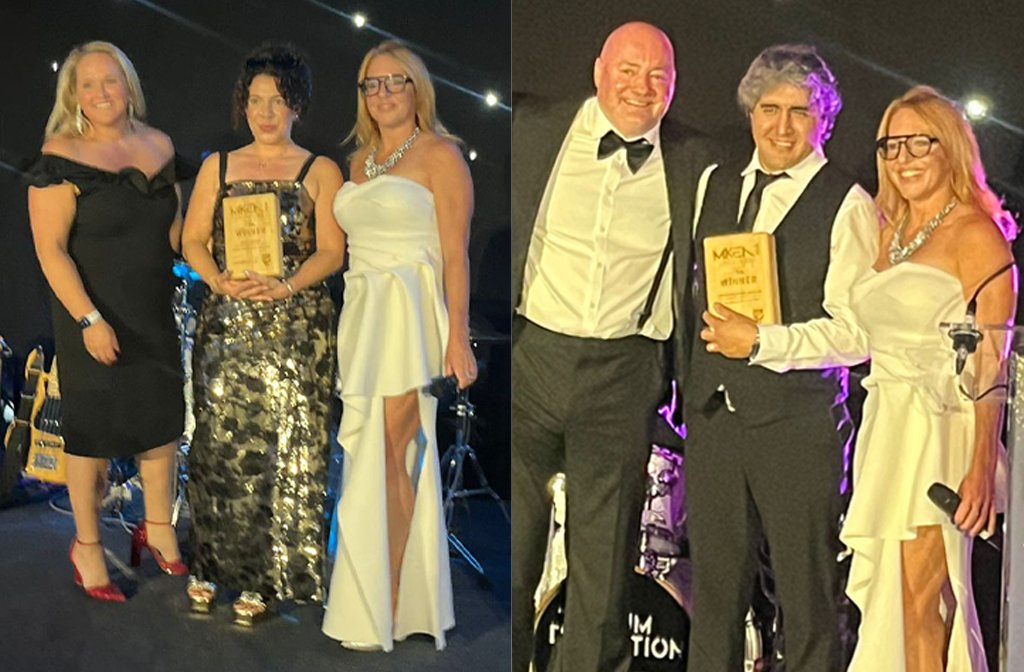 (l-r) Rose Sargent and Christian Núñez Fuentes both centre collecting their award from the award organisers and presenter. Image: Bedford College Group.