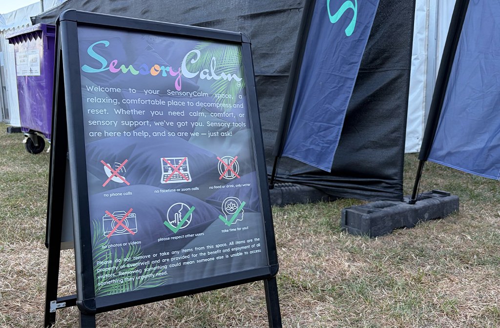 A sign welcoming people to the SensoryCalm space from EventWell, which is located in the medical area of the Bedford Summer Sessions arena. Image: Bedford Independent.