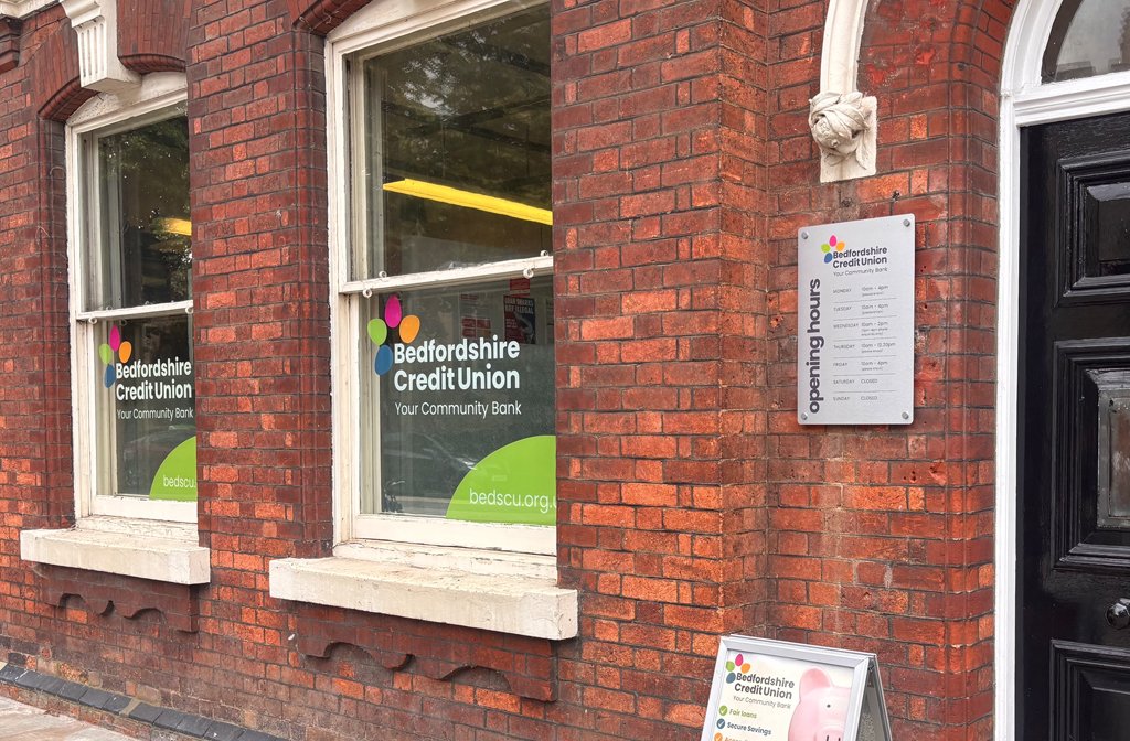 Bedfordshire Credit Union's new branding on their office in St Paul's Square. Image BCU