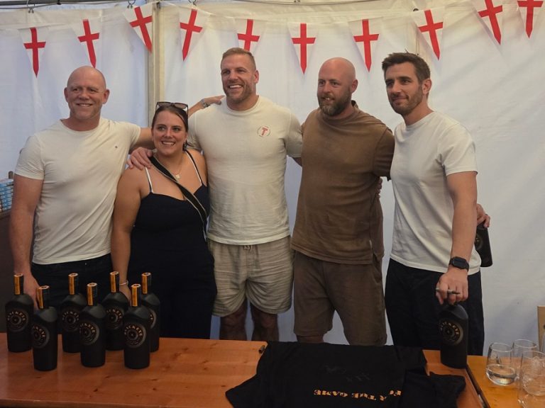 Former rugby players, Mike Tindall, James Haskell and broadcaster, Alex Payne with two of Bedford's rugby fans