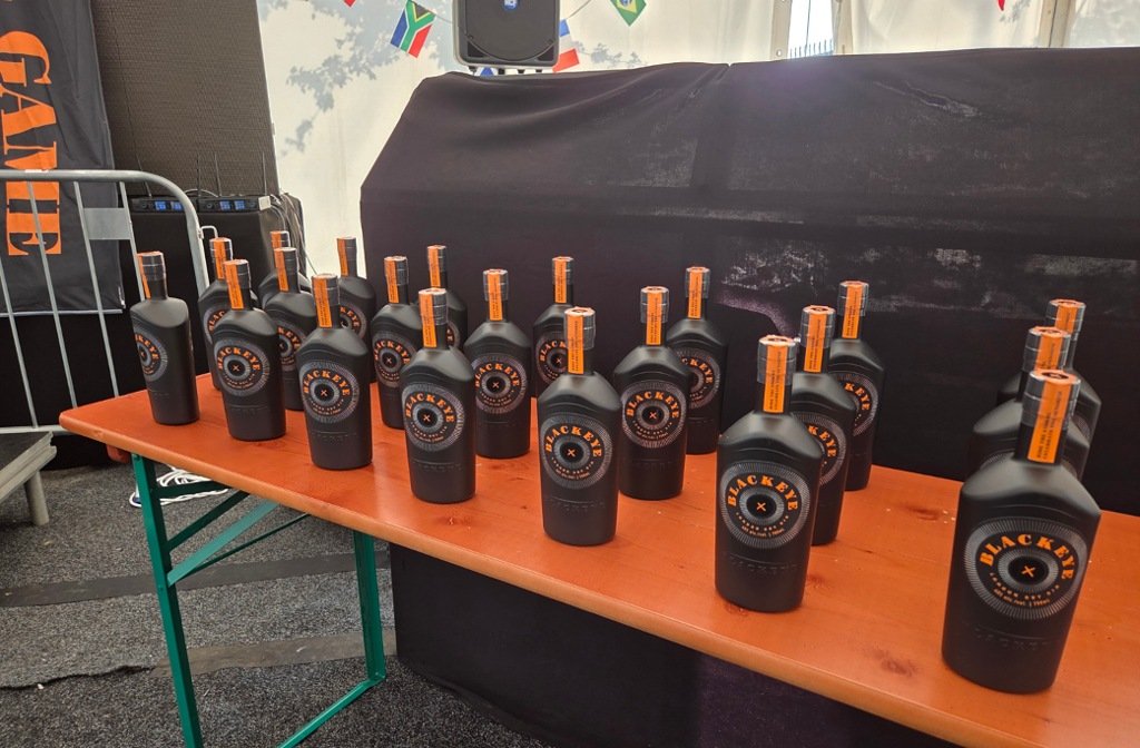 A selection of black Blackeye Gin bottles on a table at the launch event in Brewpoint