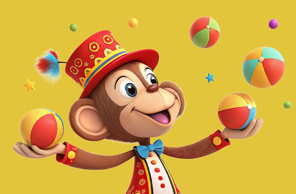 An illustration of a monkey dressed as a circus ringmaster, juggling lots of balls