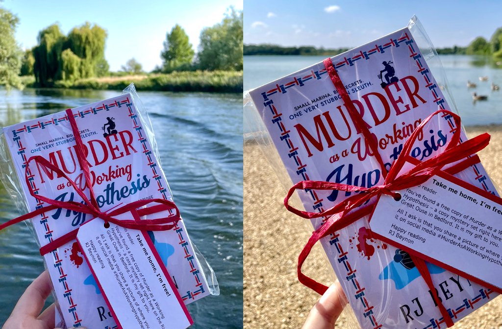 Copies of RJ Beynon's Murder as a Working Hypothesis books being dropped along the River Great Ouse. Image RJ Beynon
