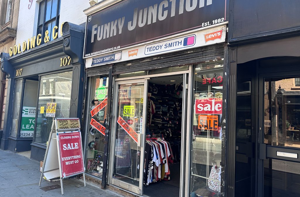 The front of Funky Junction menswear shop that has traded on Bedford High Street since 1982