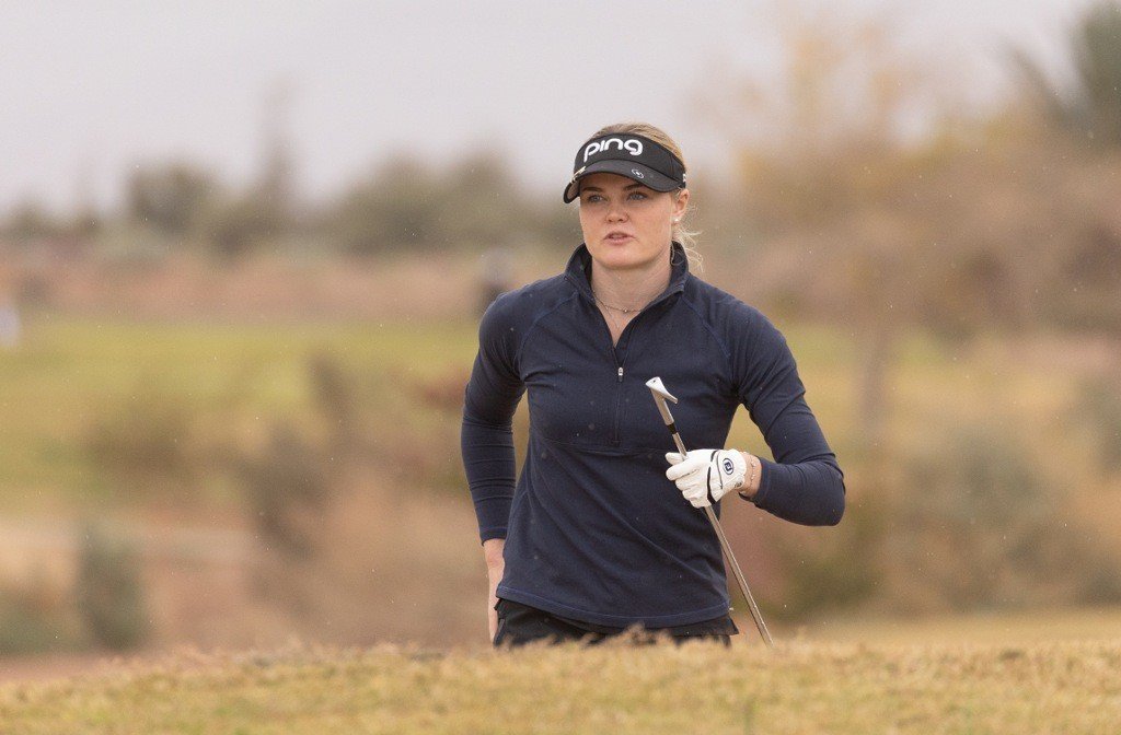 Luca Thompson playing golf in the qualifying school event in Morocco in December 2025