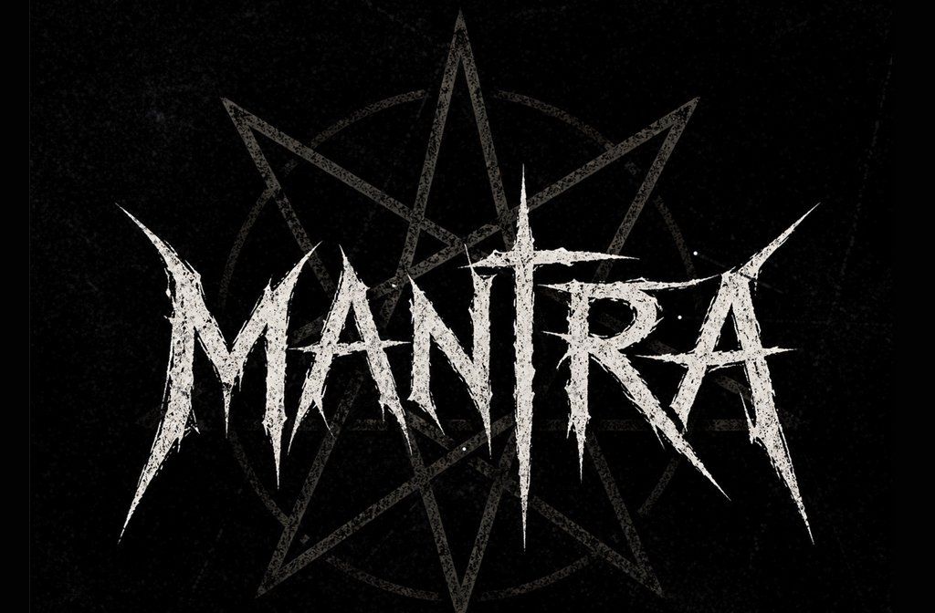 The logo for metal band Mantra; the words look like they have been scratched into a metal surface on a black background with an occult star