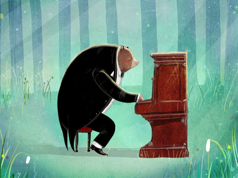 The artwork from David Litchfield's picture book The Bear and the Piano which as been adapted by the Royal Shakespeare Company. The image is of a bear in a tuxedo sat at a piano in the middle of a deserted forest