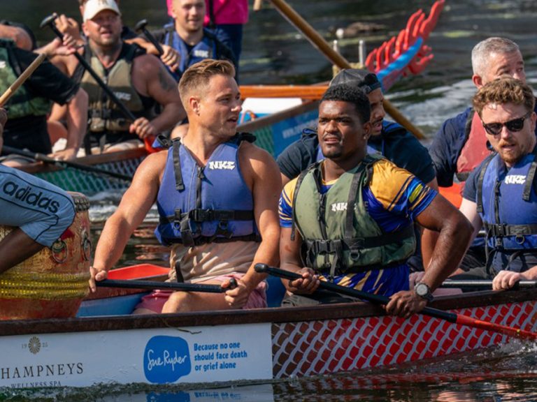 Two of the teams head to head in one of the exciting Dragon Boat races at Bedford River Festival 2026. Image: Sue Ryder.