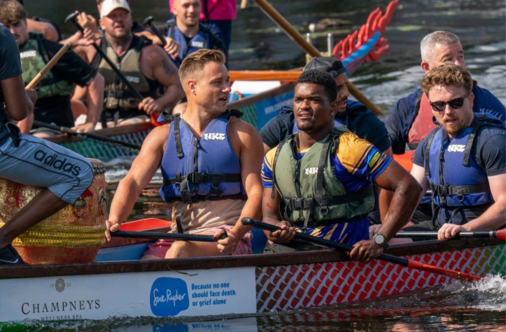 Two of the teams head to head in one of the exciting Dragon Boat races at Bedford River Festival 2026. Image: Sue Ryder.