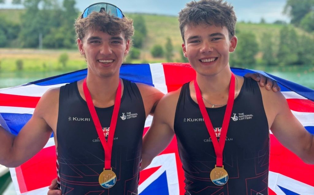 Oliver Payne and Ewan Fawcett of Bedford School with their Coupe de la Jeunesse rowing gold medals