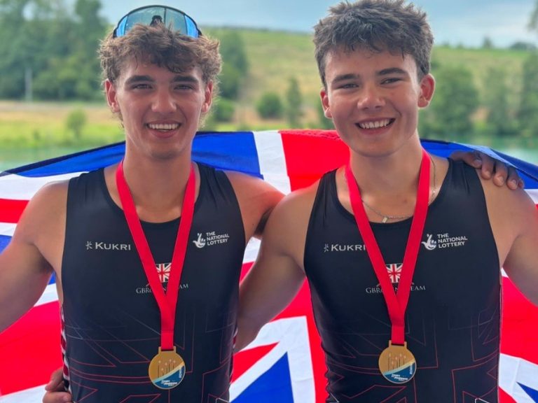 Oliver Payne and Ewan Fawcett of Bedford School with their Coupe de la Jeunesse rowing gold medals