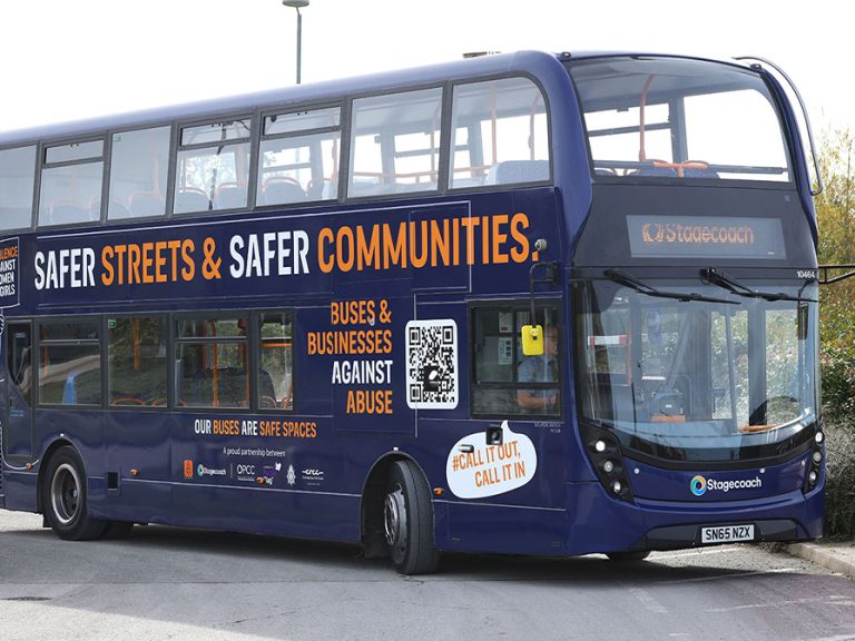 Bus branded with the Buses and Businesses Against Abuse. Image Stagecoach