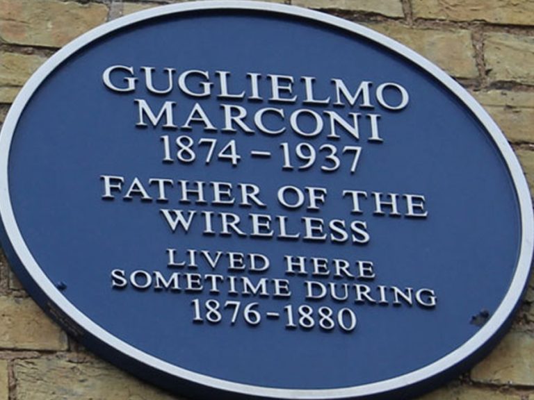Commemorative plaque located at 42 Harpur Street. Erected 2014. The inscription states: Guglielmo Marconi 1874 - 1937. Father of the wireless. Lived here sometime during 1876 - 1880. Image: Bedford Borough Council/Stuart Antrobus
