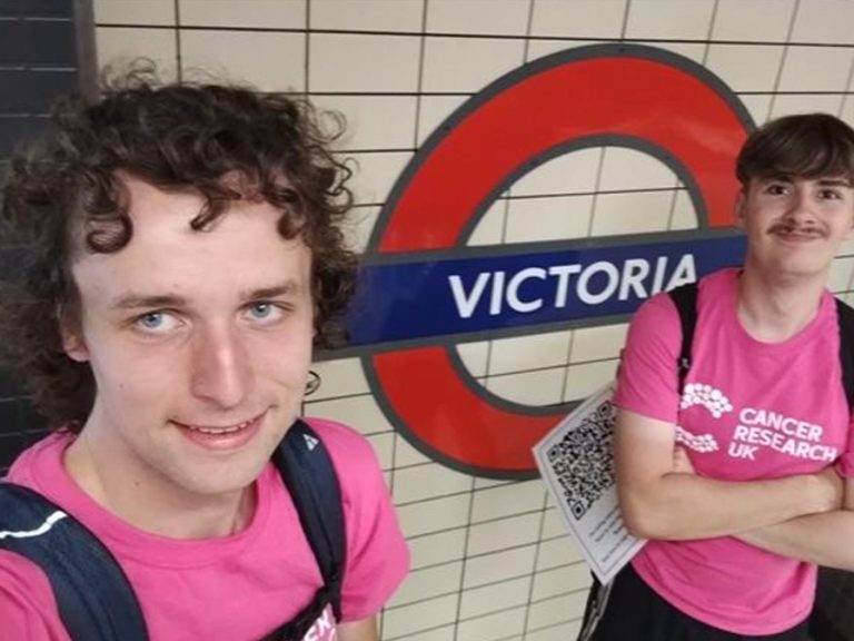 Declan and Jake pictured at Victoria tube station ahead of their charity bike ride. Image Amey