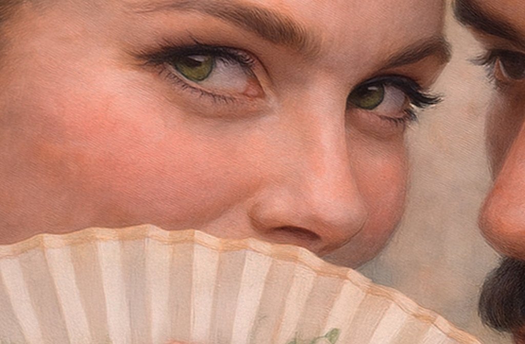 A lady looking demure behind a fan