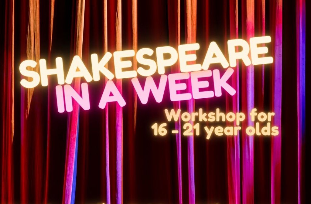 Neon lights spell out Shakespeare in a week, a workshop for 16 - 21 year olds against a velvet curtain backdrop