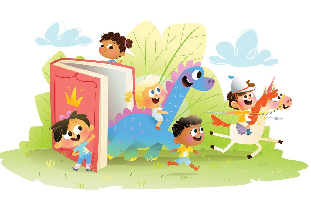 Illustration of fairy tale and fantasy characters emerging from a story book