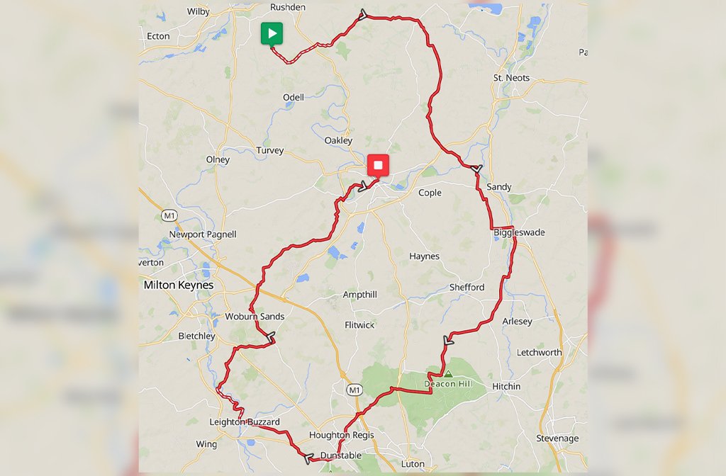 The 100 mile route around Bedfordshire that Paul Lockyer will run for Embrace. Image: Provided by Paul Lockyer/Embrace.