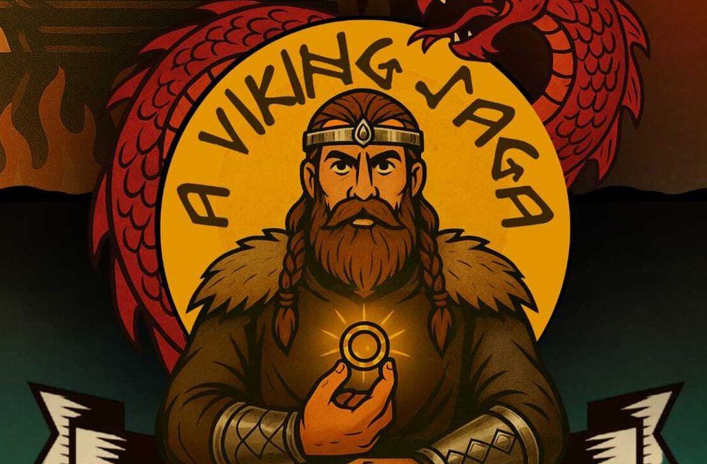 An image of a Viking within a golden circle that says A Viking Saga