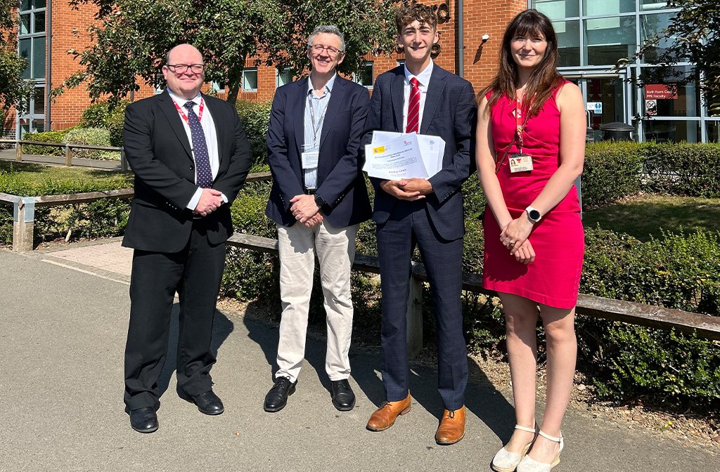 (l-r) Deputy head at BMS Harvey Hewlett, Fernando Bartolomé Usieto, Aleksi, and head of Spanish at BMS Silvia Sobrado. Image: Bedford Modern School.