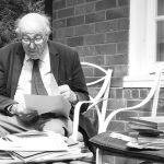 Local historian Simon Houfe in the garden of Avenue House in Ampthill surrounded by papers. Image Houfe family