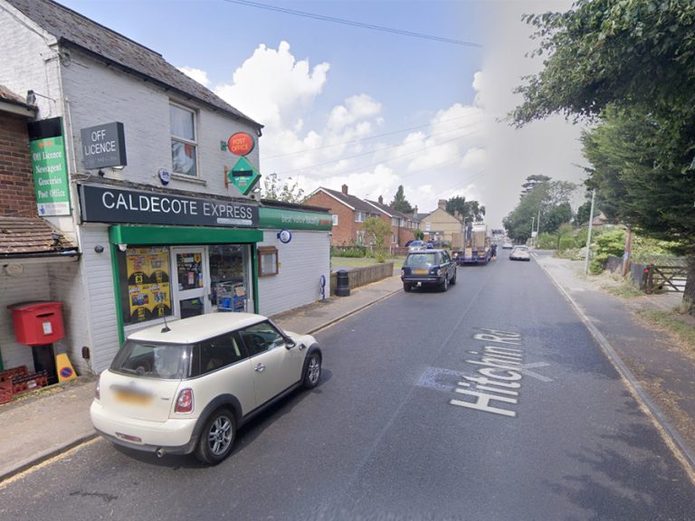 Hitchin Road, Upper Caldecote by the village post office and Caldecote Church of England Academy. Image: Google Streetview Image capture- Aug 2024 © 2026 Google.